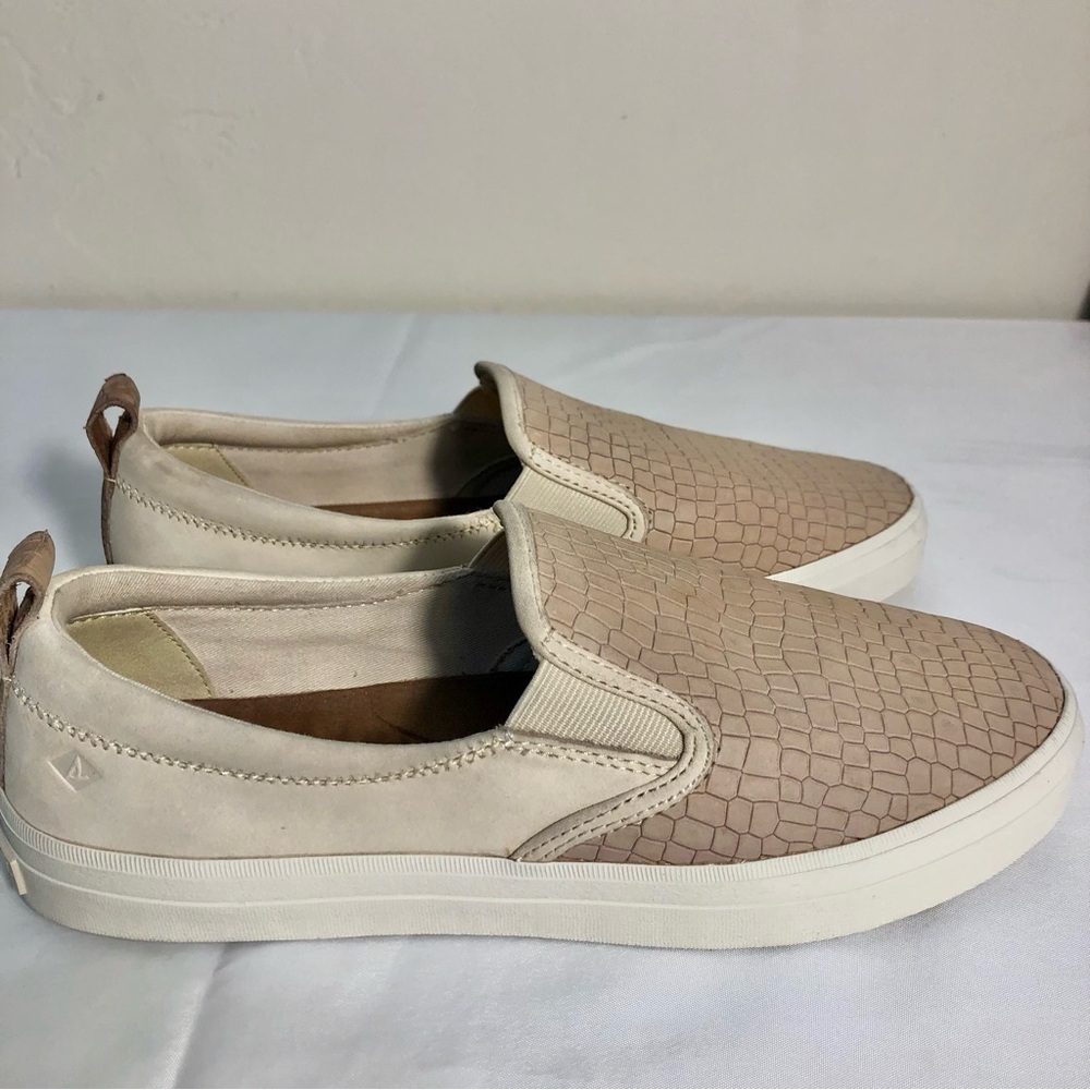 Sperry Ivory Snake Embossed Leather Twin Gore Slip-On Sneakers Shoes SZ 8.5